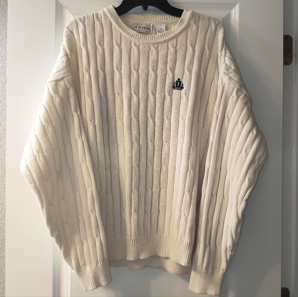 Vintage IZOD Sweater XL Cream Cable Knit Cotton Crew Neck Embroidered Logo